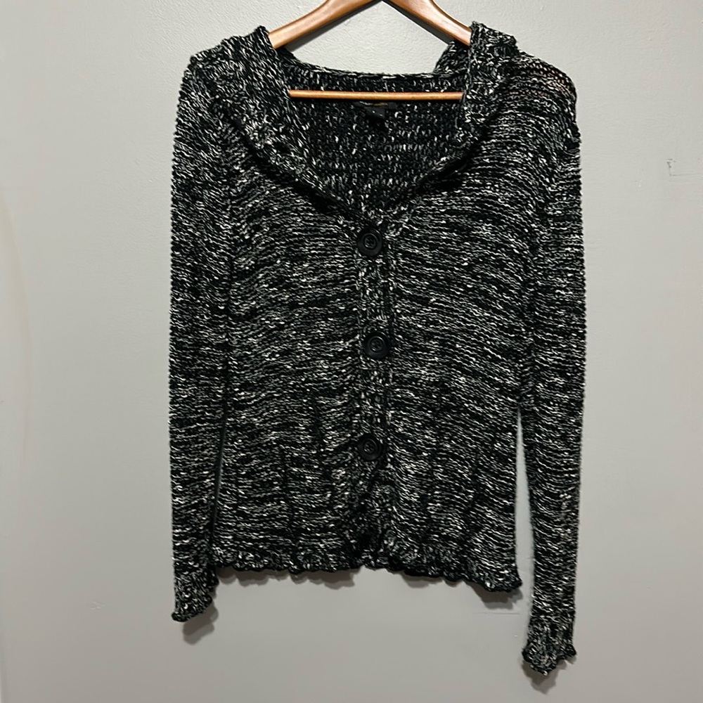 BCBGMaxazria Cardigan Sweater, Marled Black/White, Hooded, Large, EUC!